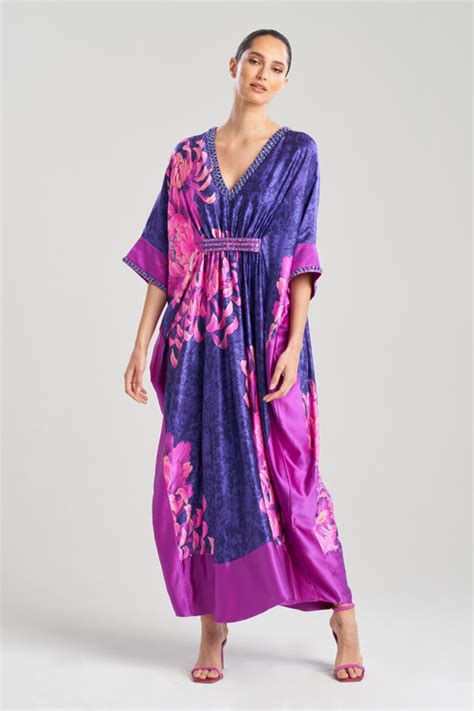 Josie Natori Natori Sumida Charmeuse Embellished Silk Caftan Dress In
