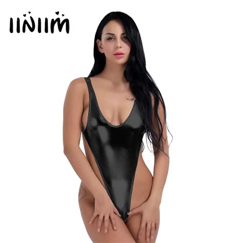 7 Color Women Patent Leather High Cut Backless Thong Bodysuit Leotard