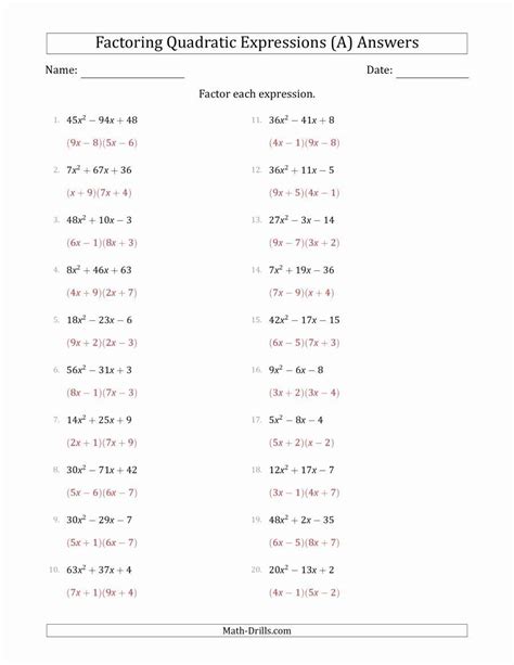 Factoring Quadratics Worksheets