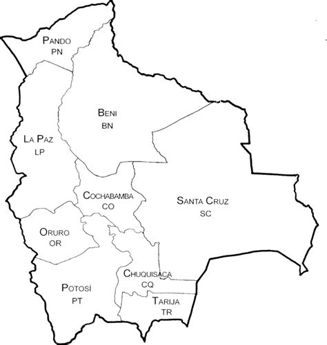 Outline Map Of Bolivia Showing Departments And The Abbreviations Used