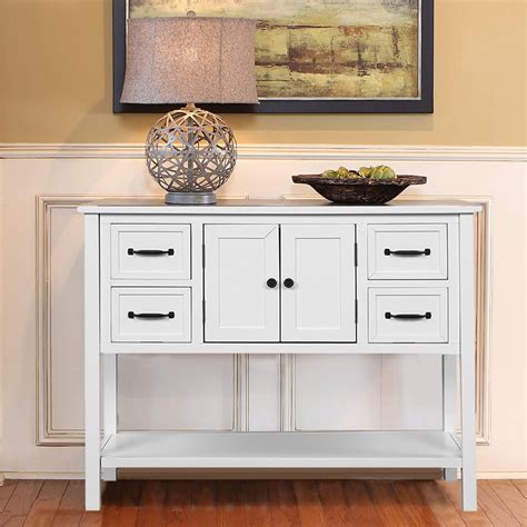 Wood Console Table White Living Room Console Table With 4 Storage