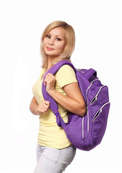 Student Girl With Book And Backpack In Park Blonde Young Woman Stock