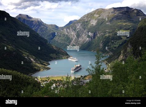 Cruise Ships In Geirangerfjord Geiranger Town Unesco World Heritage