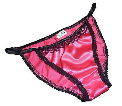 Hot Pink Shiny Satin Panties Mini Tanga String Bikini Black Lace Made