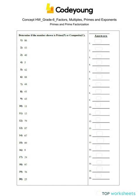 Primes And Prime Factorization Concept Hw Interactive Worksheet Topworksheets