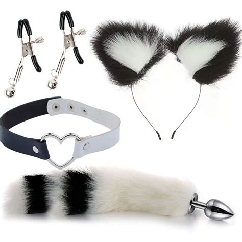 adult game cute fox tail anal plug cat ears headbands set nipple clip neck collar erotic cosplay