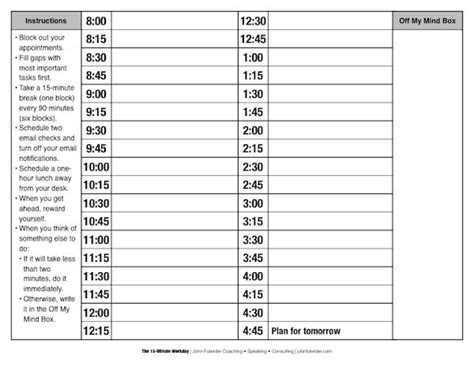 time schedule template with 15-minute intervals ...