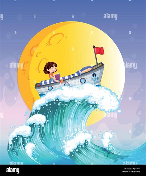 Illustration Of A Girl Reading On A Boat At The Top Of The Big Wave