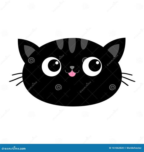 Black Cat Head Face Oval Icon With Big Eyes Pink Tongue Cute Cartoon