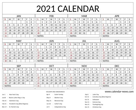 Yearly Fillable Calendar 2021