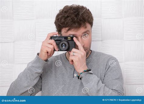 Handsome Man With Photocamera Stock Photo Image Of Casual Male 57170678