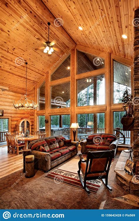 The Living Room In A Mountain Log Cabin Stock Photo