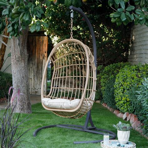 Belham Living Bali Resin Wicker Hanging Egg Chair With Cushion And
