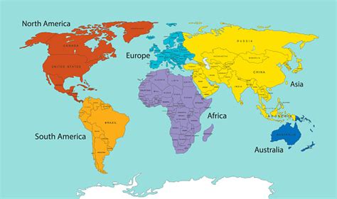 World Map Divided Into Six Continents In Different Color Stock