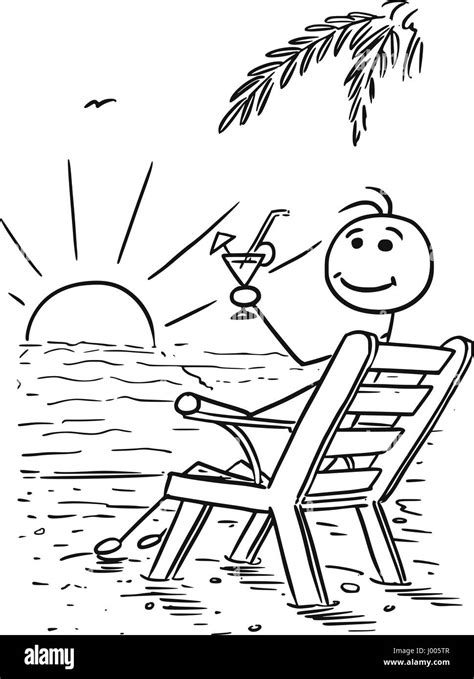 Cartoon Vector Stickman Smiling Enjoying Relax Sitting On The Beach