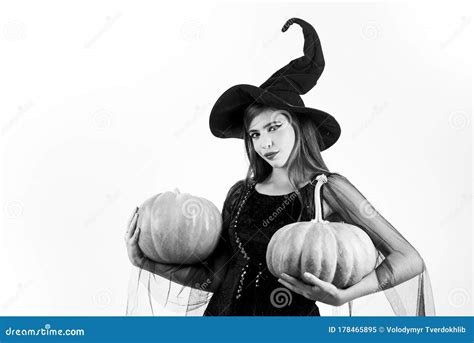 Attractive Model Girl In Halloween Costume Happy Young Women In Witch