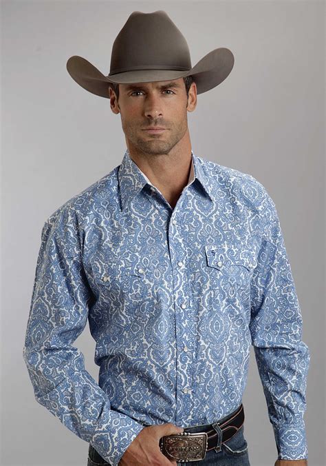 Stetson® Mens Blue Pilagree Paisley Long Sleeve Snap Front Cowboy Shirt