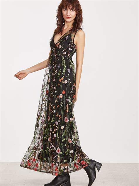 Black Surplice Front Embroidered Mesh Overlay Maxi Dress SheIn Sheinside