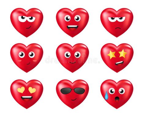 Cartoon Red Hearts With Emotions Vector Sticker Set With Faces Stock