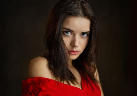 Women Maxim Maximov Bare Shoulders Brunette Blue Eyes Looking At