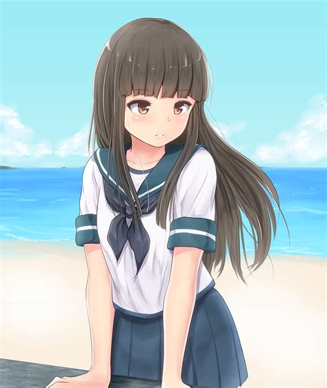 Anime Gadis Anime Rambut Panjang Berambut Cokelat Mata Cokelat Pantai Wallpaper Hd