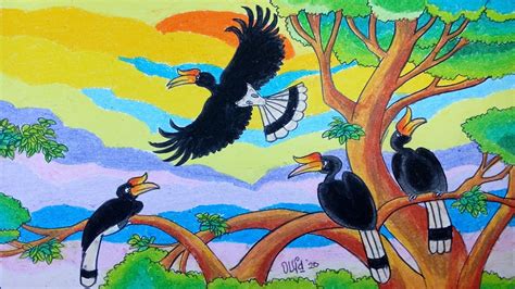 Cara Menggambar Burung Rangkong Enggang Dengan Crayon Oil Pastel