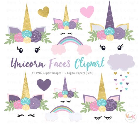 Purple Unicorn Faces Clipart Unicorns Design Bundles
