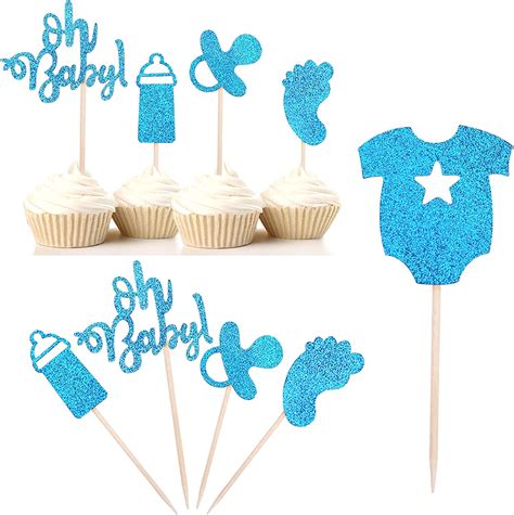 Buy 30 Pack Glitter Baby Shower Cupcake Toppers Cake Topper Blue Oh