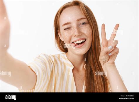 Enjoying Cool Summer Holidays Stylish Beautiful Redhead Woman With Cute Freckles Sticking Out