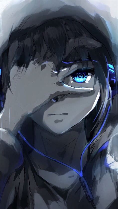 Anime Boy Hoodie Blue Eyes Headphones Painting Anime Hình Vẽ
