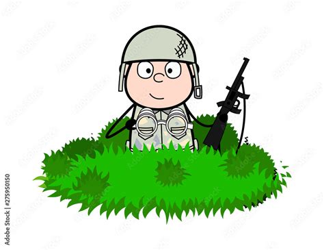 Hidden In Bushes Cute Army Man Cartoon Soldier Vector Illustration