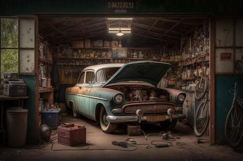 Premium Ai Image An Old Garage With A Vintage Car Parked Inside