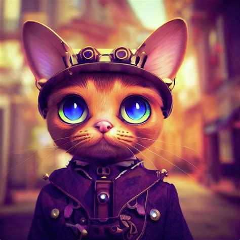 Steampunk Animal 12 Cute Cat Portrait Digital Art By Matthias Hauser