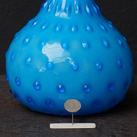 Mid Century 1950s Italian Empoli Bright Blue Cased Glass Handblown Hobnail Vase For Sale At