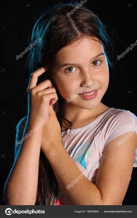 Close Portrait Charming Child Wet Slender Body Pretty Young Beautiful
