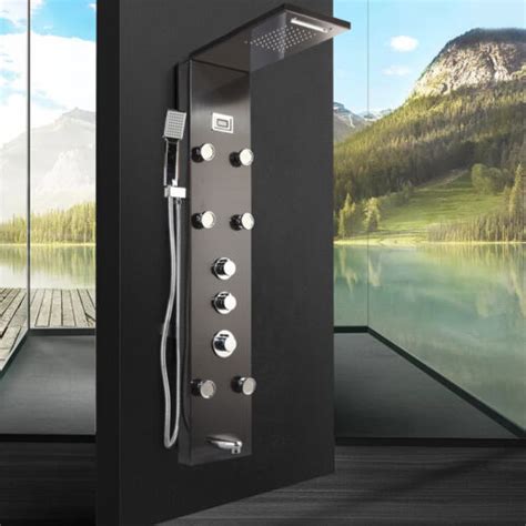 RE Black Shower Panel Tower System Rainfall Waterfall Massage Body Jets