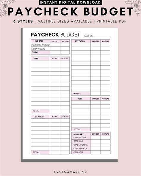 Weekly Budget Overview Template Printable Paycheck Budget Etsy