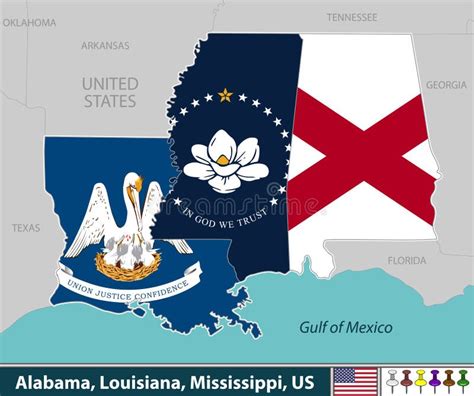 Alabama Louisiana And Mississippi United States Stock Vector