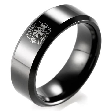 Shardon Classic Ring Men Mm Ip Black Tungsten Carbide Firefighter Shield Design Outdoor Wedding