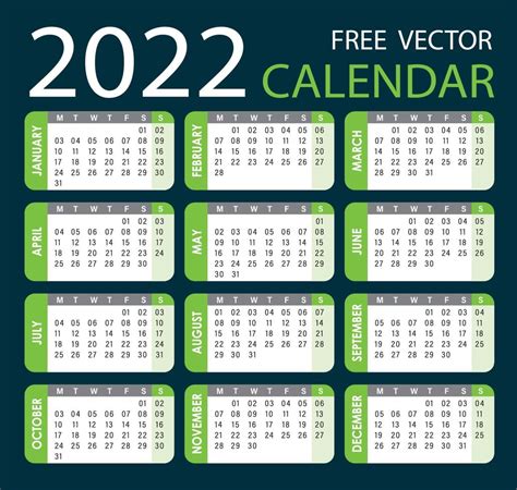 Calendar 2022 Vector Green 3206530 Vector Art At Vecteezy