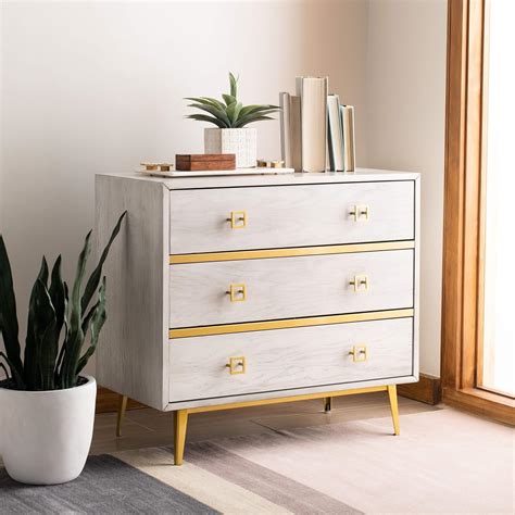 Safavieh Home Katia Modern White Wash And Gold 3 Drawer Chest Home And Kitchen