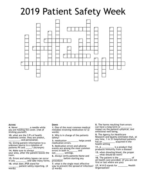 2019 Patient Safety Week Crossword Wordmint
