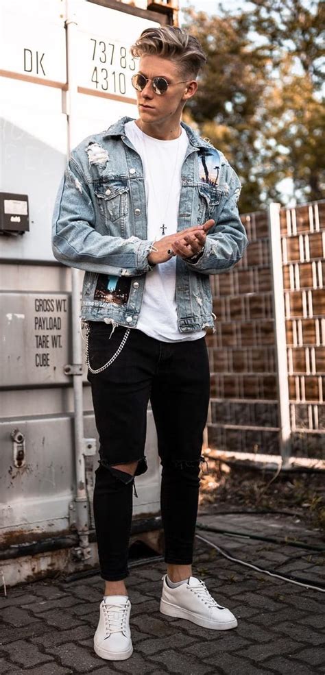White T Shirt Denim Jacket And Black Ripped Denim With White Sneakers ⋆