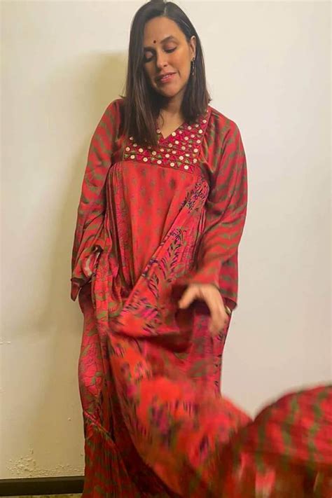 Neha Dhupia In Satin Silk Kaftan Dress By Punit Balana Now Available At
