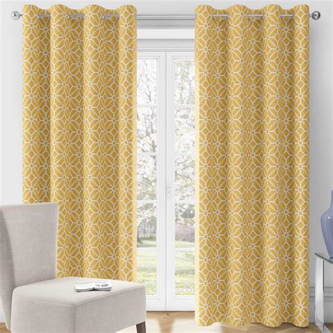 Ochre Eyelet Curtains Mustard Geometric Lined Ring Top Ready Made