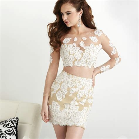 Illusion High Neckline Nude Beaded Lace Sexy Short Party Dress Two
