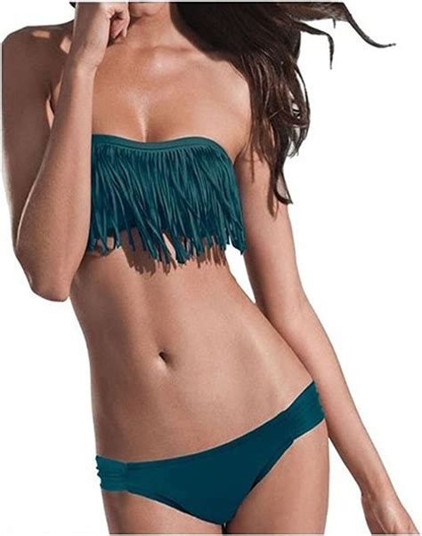Hot Sexy Ladies Tassel Thick Stripes Bikini Bra Straps Two Set Swimsuit Swimwear Dark Green S
