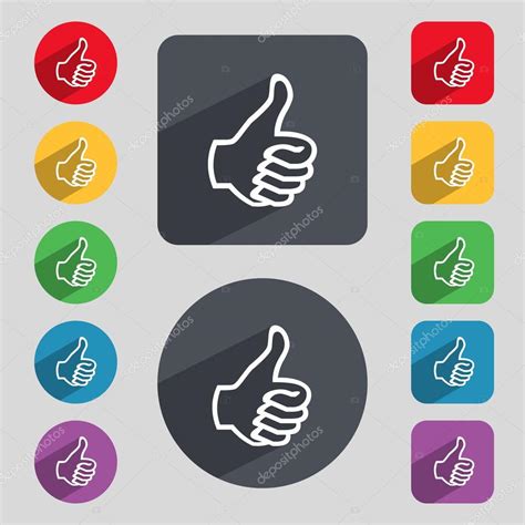 Like Sign Icon Thumb Up Symbol Hand Finger Up Set Of Colored Buttons