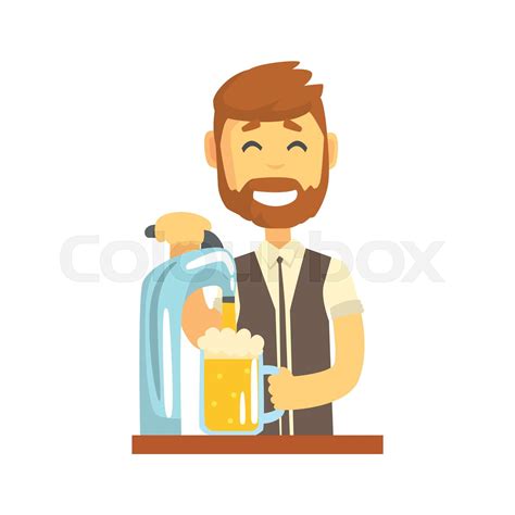 Smiling Bearded Bartender Man Character Standing At The Bar Counter