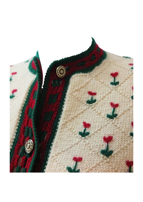 Floral trim cardigan crochet pattern. Tyrolean Cream Wool Cardigan with Red & Green Floral ...